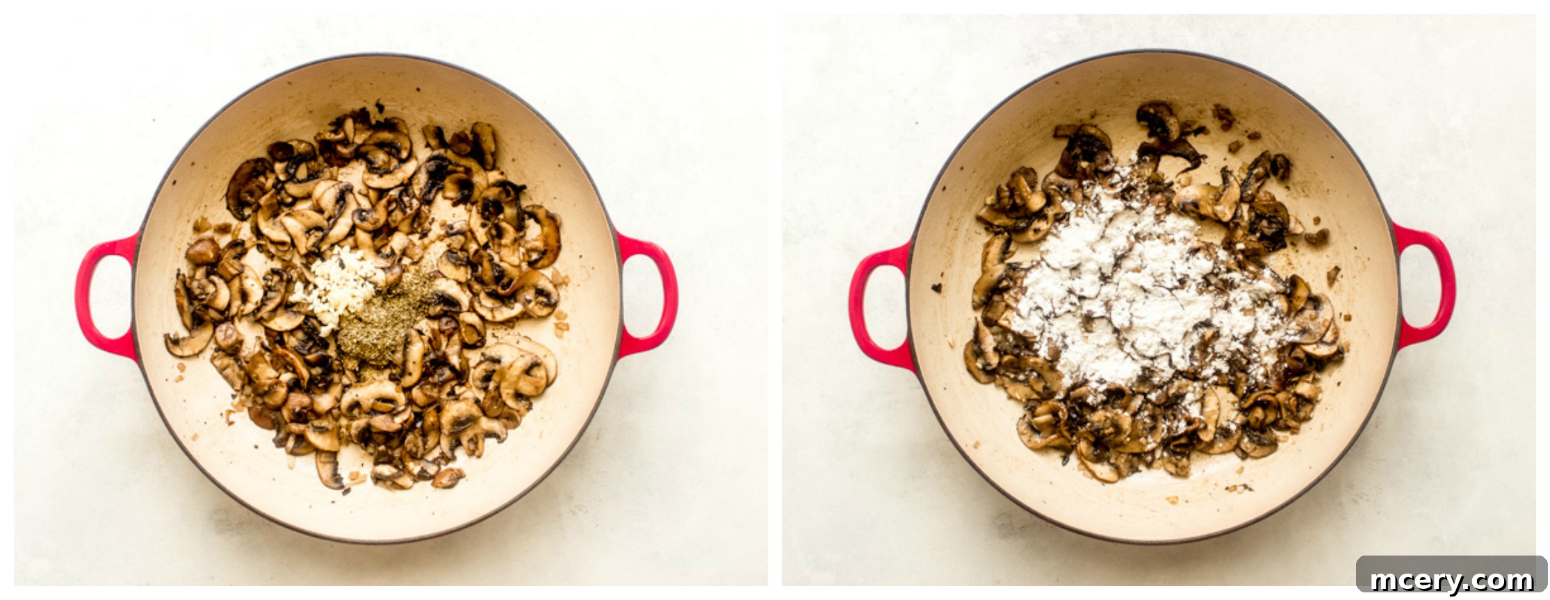 Creamy Chicken & Mushroom Spinach Pasta 7 cooked mushrooms with spices in a skillet