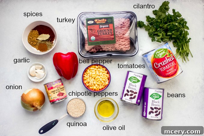 Wholesome Turkey Quinoa Chili 3 A colorful array of ingredients for turkey quinoa chili laid out on a cutting board, ready for cooking.
