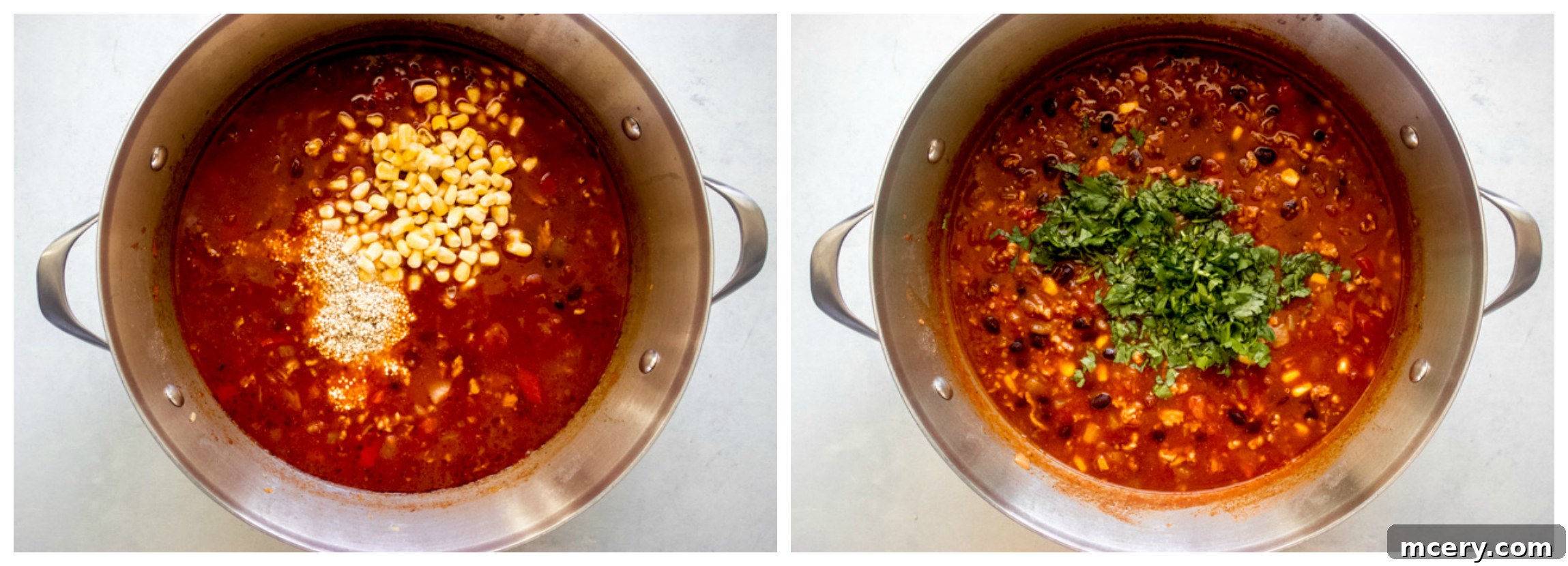 Wholesome Turkey Quinoa Chili 7 A freshly cooked pot of smoky turkey quinoa chili, ready to be served, garnished with fresh cilantro.