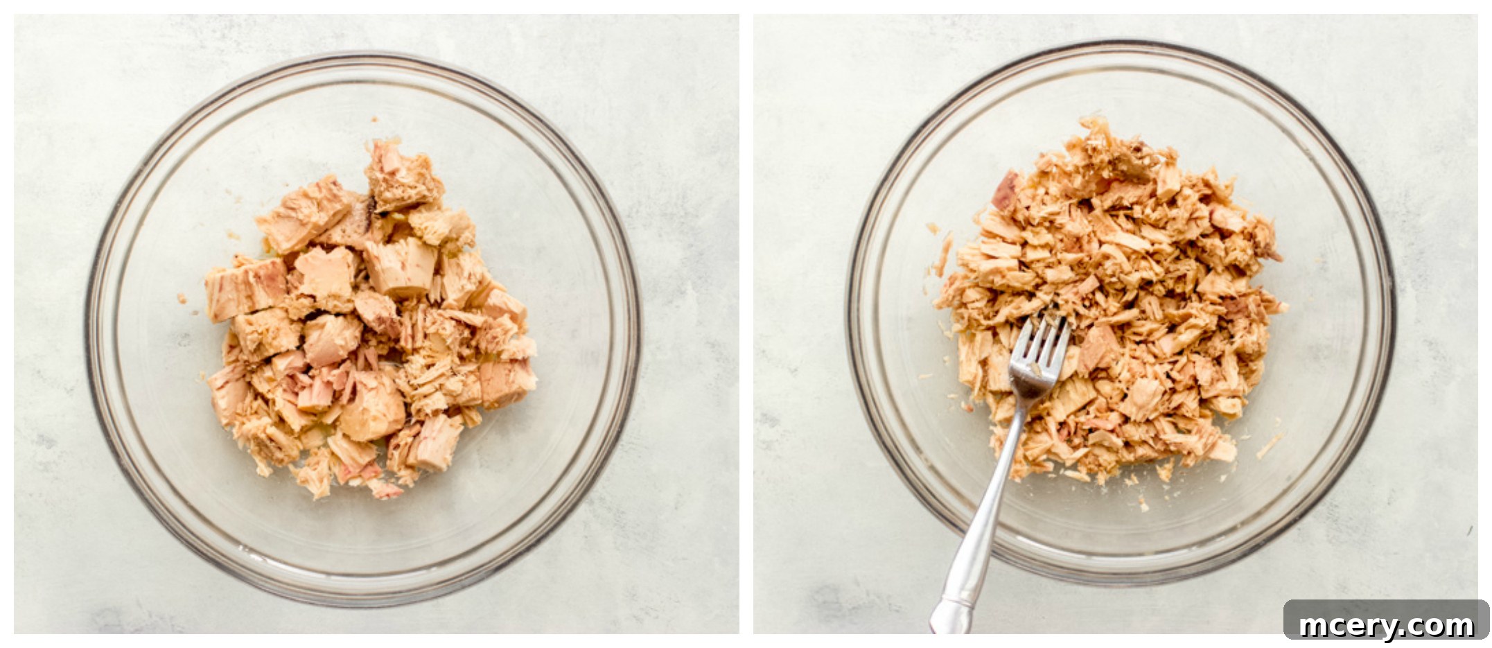Sun-Kissed Mediterranean Tuna Salad 4 Canned tuna being flaked with a fork in a mixing bowl.