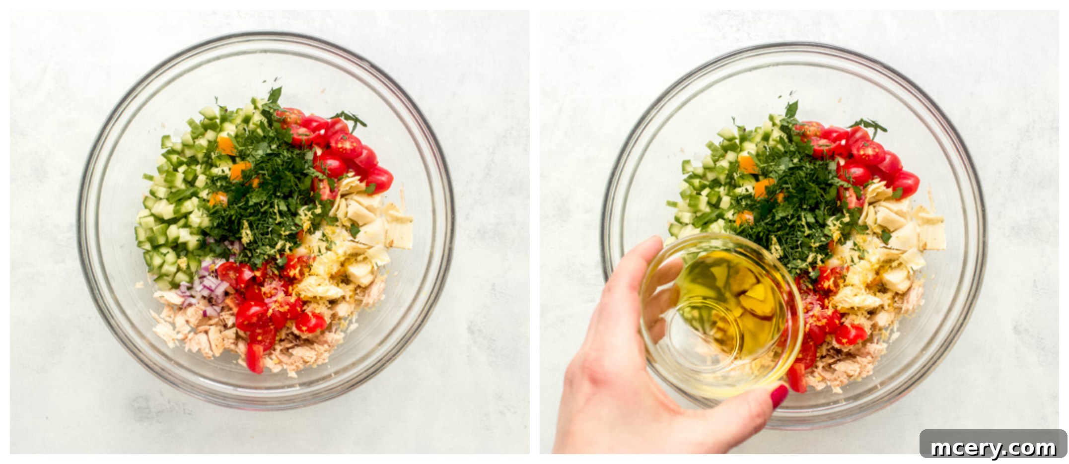 Sun-Kissed Mediterranean Tuna Salad 5 Mixed Mediterranean tuna salad ingredients in a bowl before dressing.