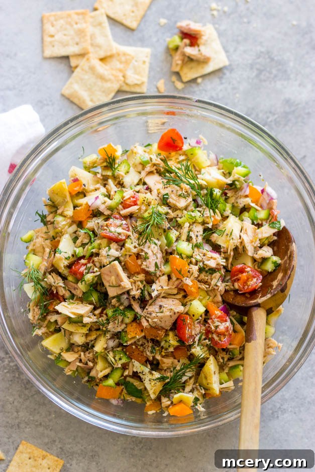 Sun-Kissed Mediterranean Tuna Salad 6 A bowl of fresh mayo-free Mediterranean tuna salad ready to be served.