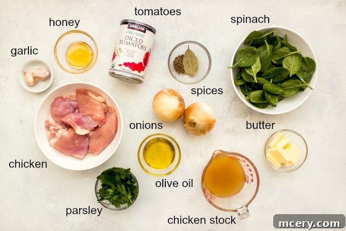 Velvety Tomato Chicken Delight 4 A vibrant collection of fresh and pantry ingredients for creamy tomato chicken recipe, including chicken, tomatoes, spinach, and herbs.