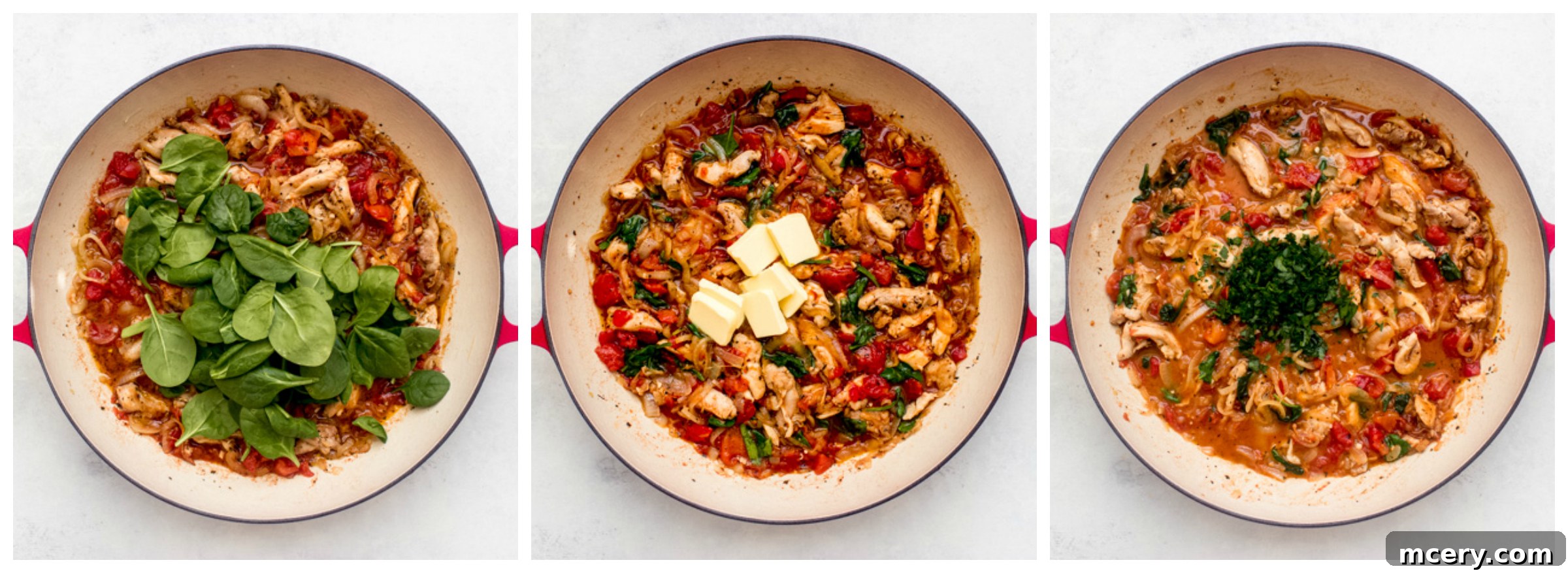 Velvety Tomato Chicken Delight 8 Creamy chicken with tomatoes and spinach perfectly cooked in a skillet, ready to be served.