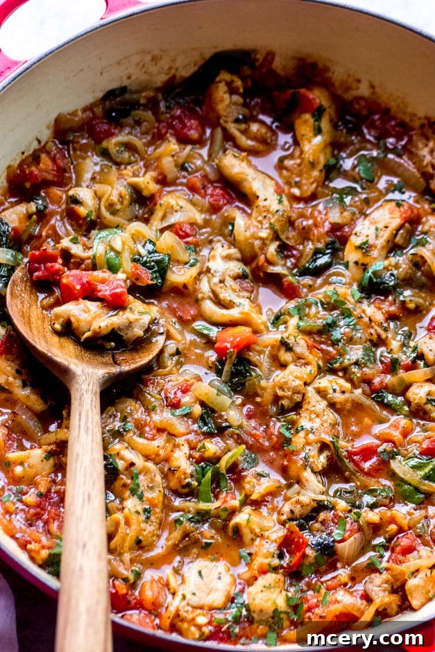 Velvety Tomato Chicken Delight 9 Final presentation of chicken with spinach and tomatoes in a rich, buttery tomato sauce.