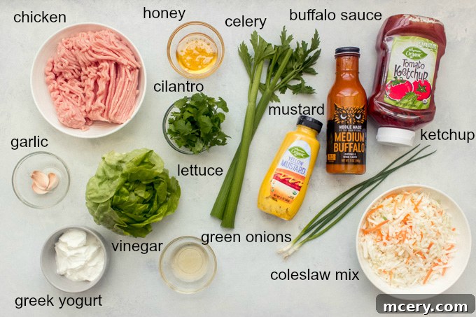 Ingredients laid out for making delicious buffalo chicken lettuce wraps.