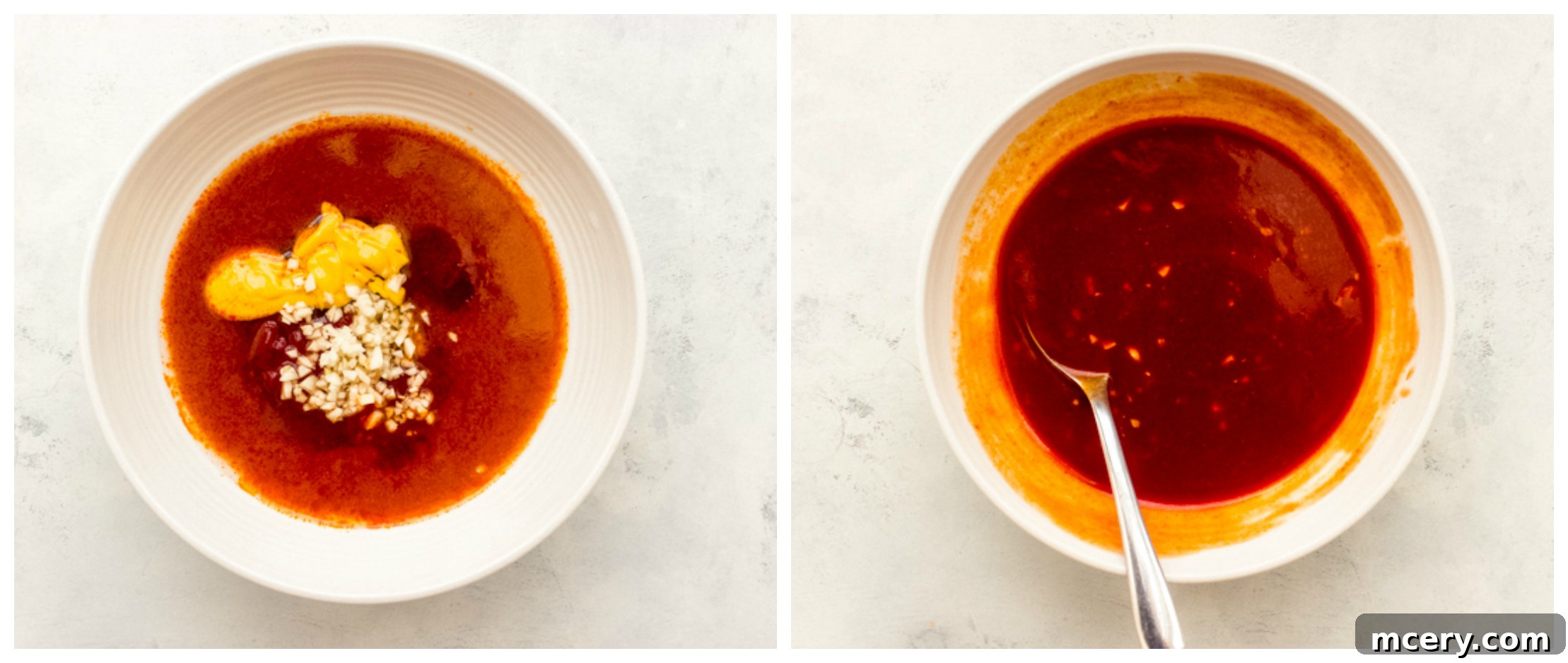 Bowl of freshly made zesty buffalo sauce, ready for the chicken.
