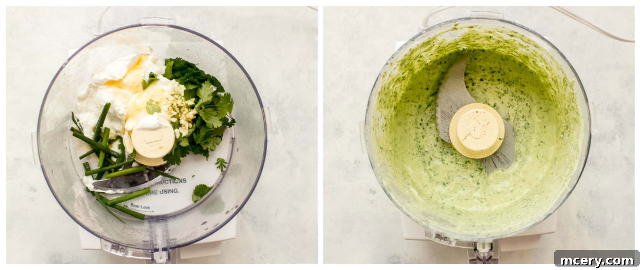 Close-up of creamy Greek yogurt coleslaw dressing in a blender.