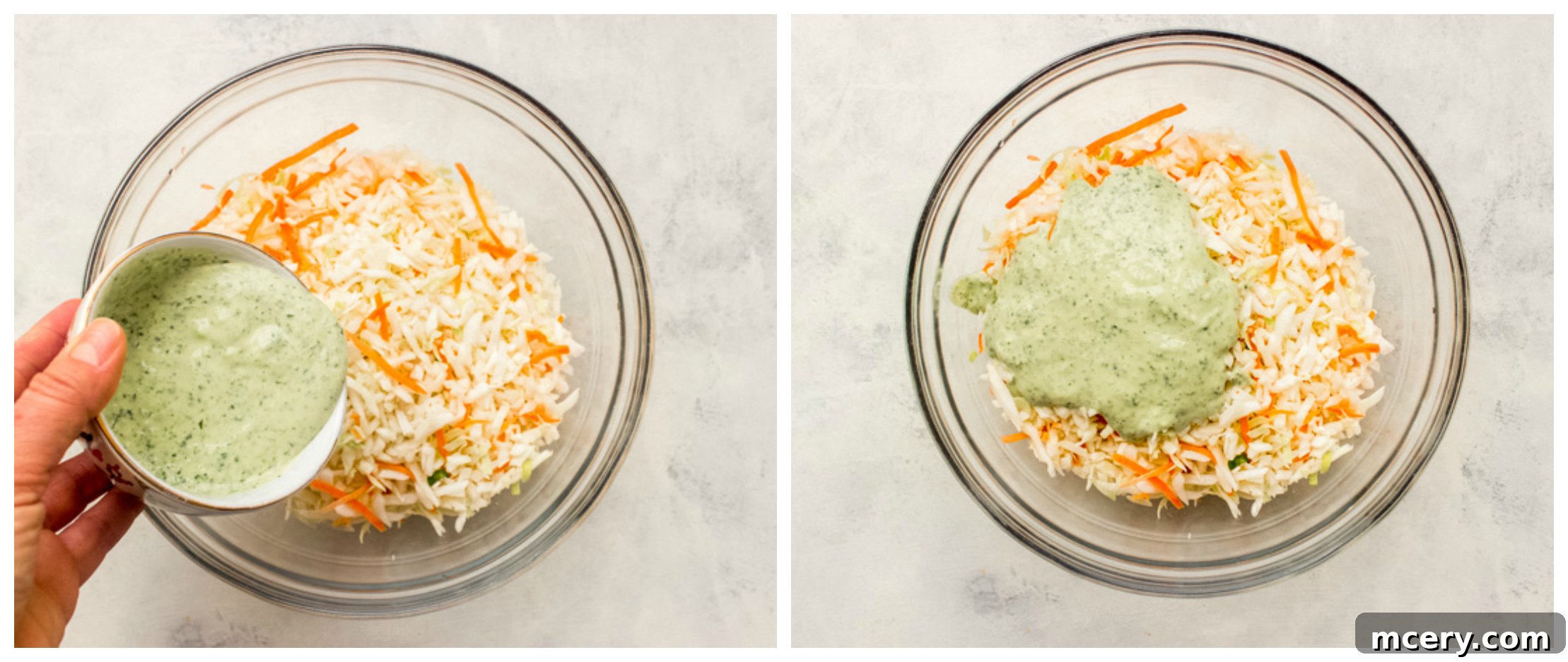 Freshly prepared Greek yogurt coleslaw in a serving bowl.