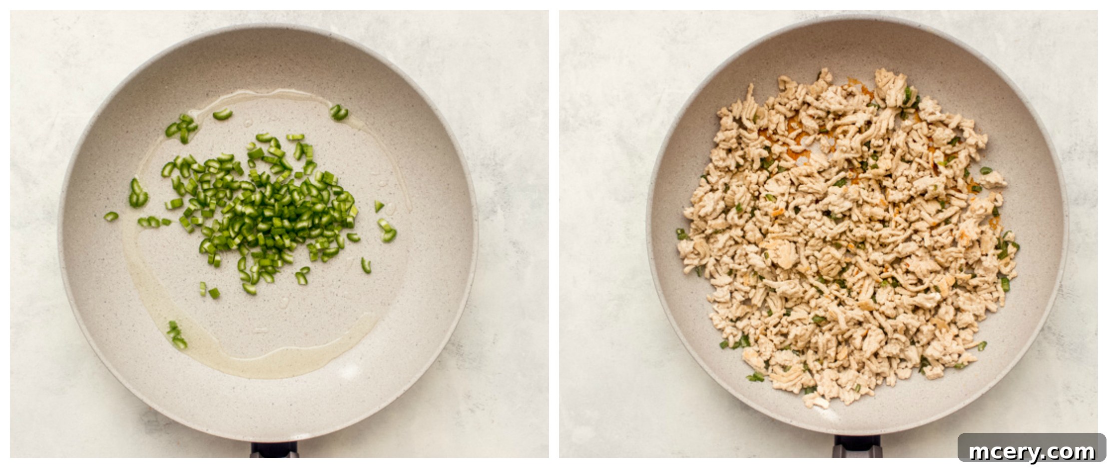 Ground chicken cooking in a skillet with diced celery.