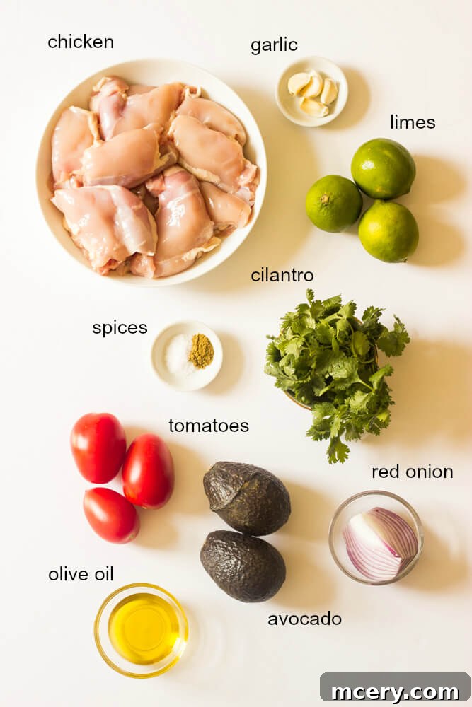 Fresh & Fast: Cilantro Lime Chicken with Creamy Avocado Salsa 4 Fresh ingredients laid out for cilantro lime chicken with avocado salsa: chicken thighs, cilantro, limes, garlic, tomatoes, and avocados.