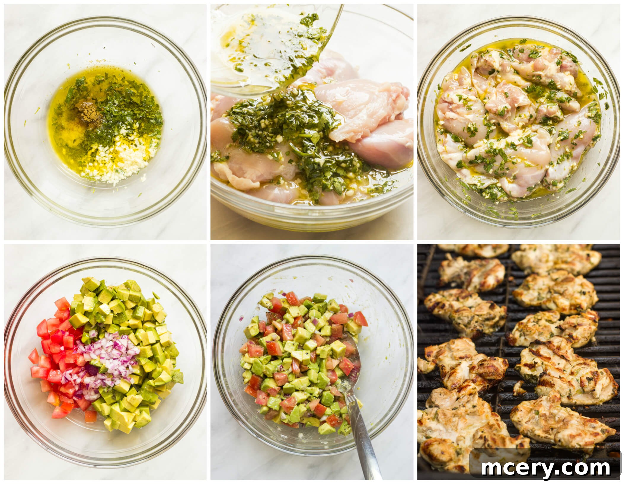 Fresh & Fast: Cilantro Lime Chicken with Creamy Avocado Salsa 5 Step-by-step images showing the marinating and grilling process for cilantro lime chicken recipe.