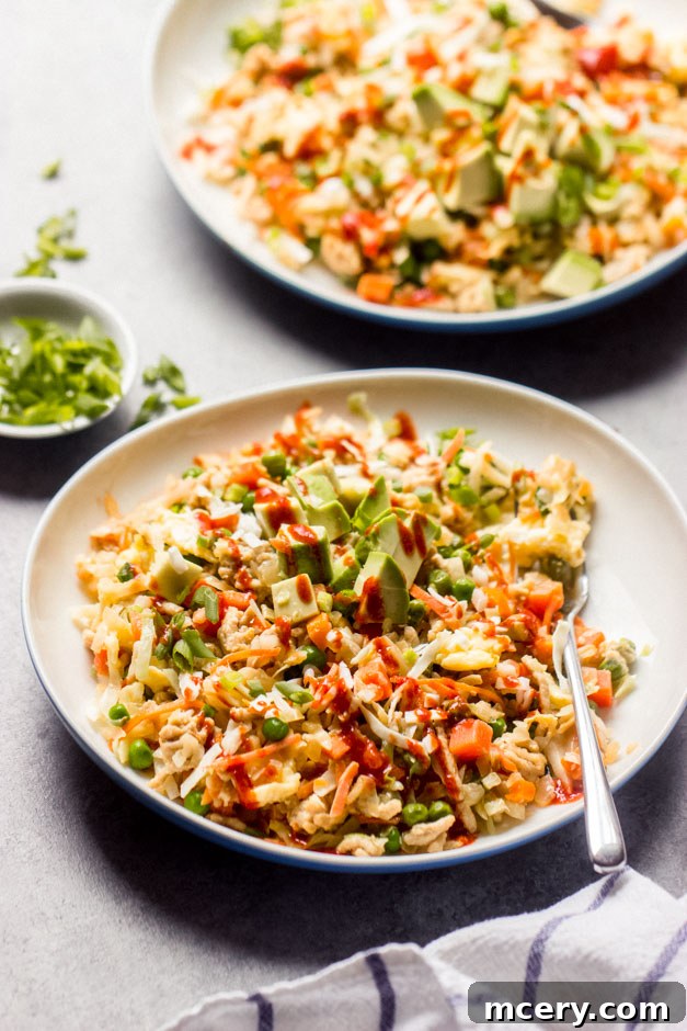 Golden Chicken Cabbage Wok Delight 8 A serving of chicken and cabbage stir fry with coleslaw mix, ground chicken, and easy veggies, garnished with green onions.