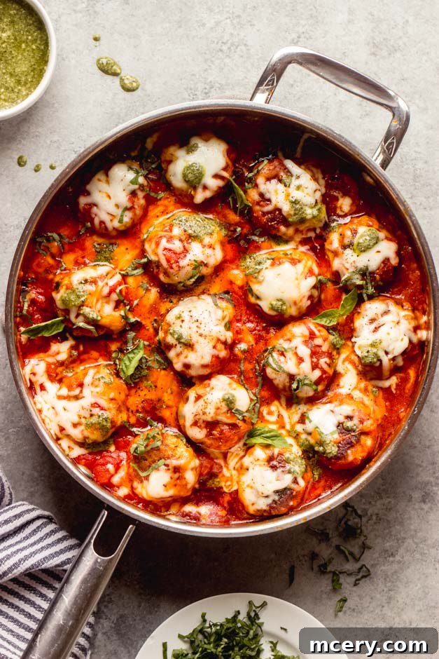 turkey pesto meatballs in a serving dish