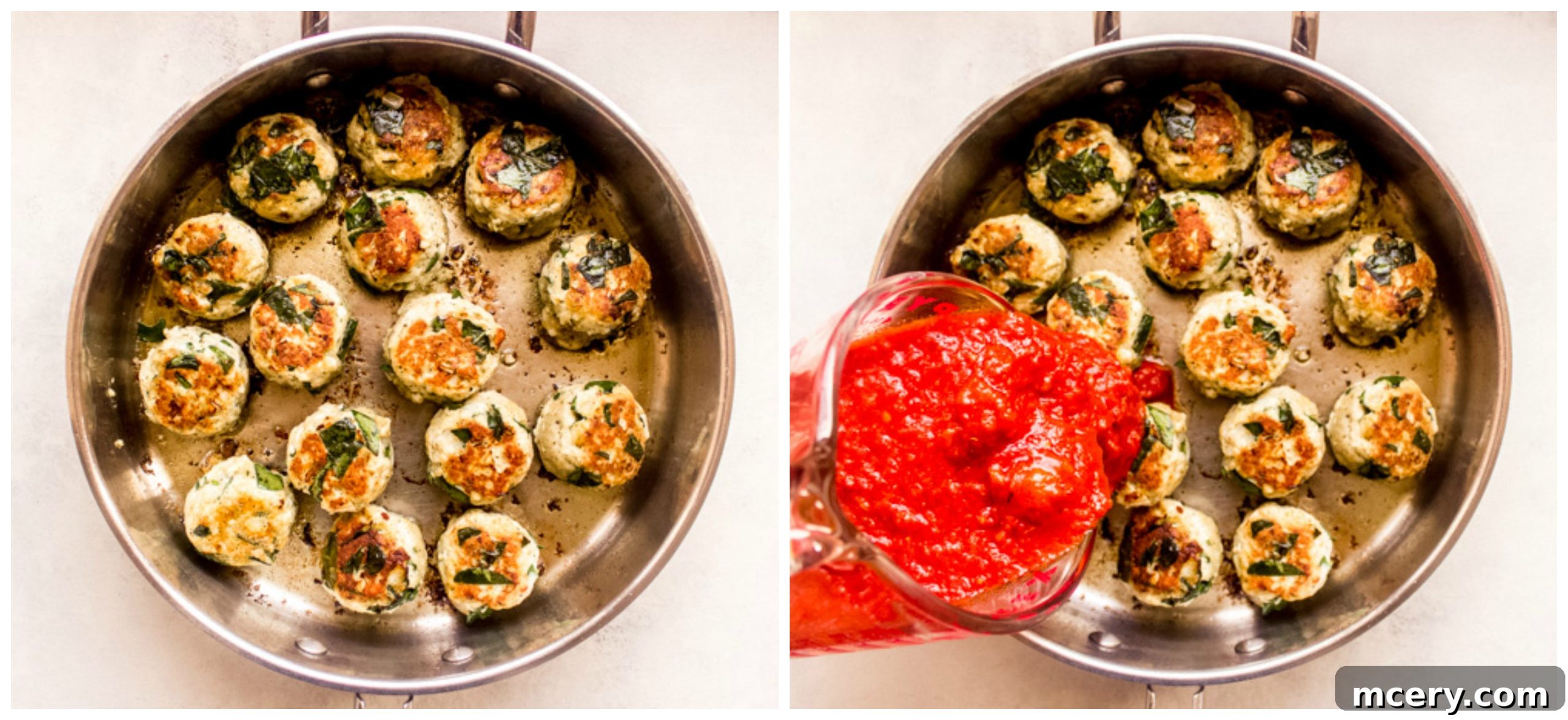 cooked turkey meatballs browning in a skillet