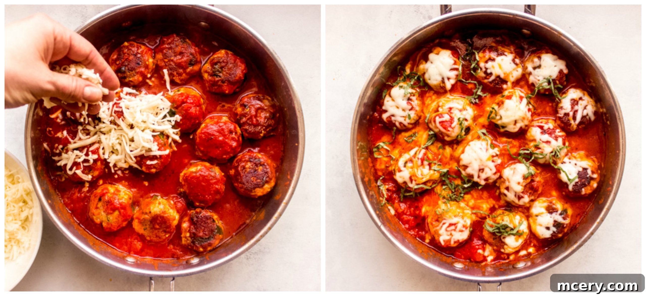 turkey meatballs with pesto simmering in marinara sauce in a skillet