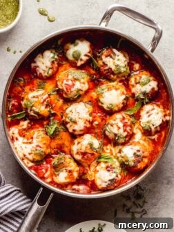turkey pesto meatballs in a serving dish