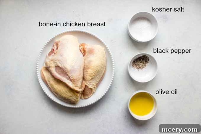 Succulent Oven Roasted Bone-In Chicken Breast 3 Ingredients laid out for oven roasted bone-in chicken breast, including chicken, olive oil, salt, and pepper.