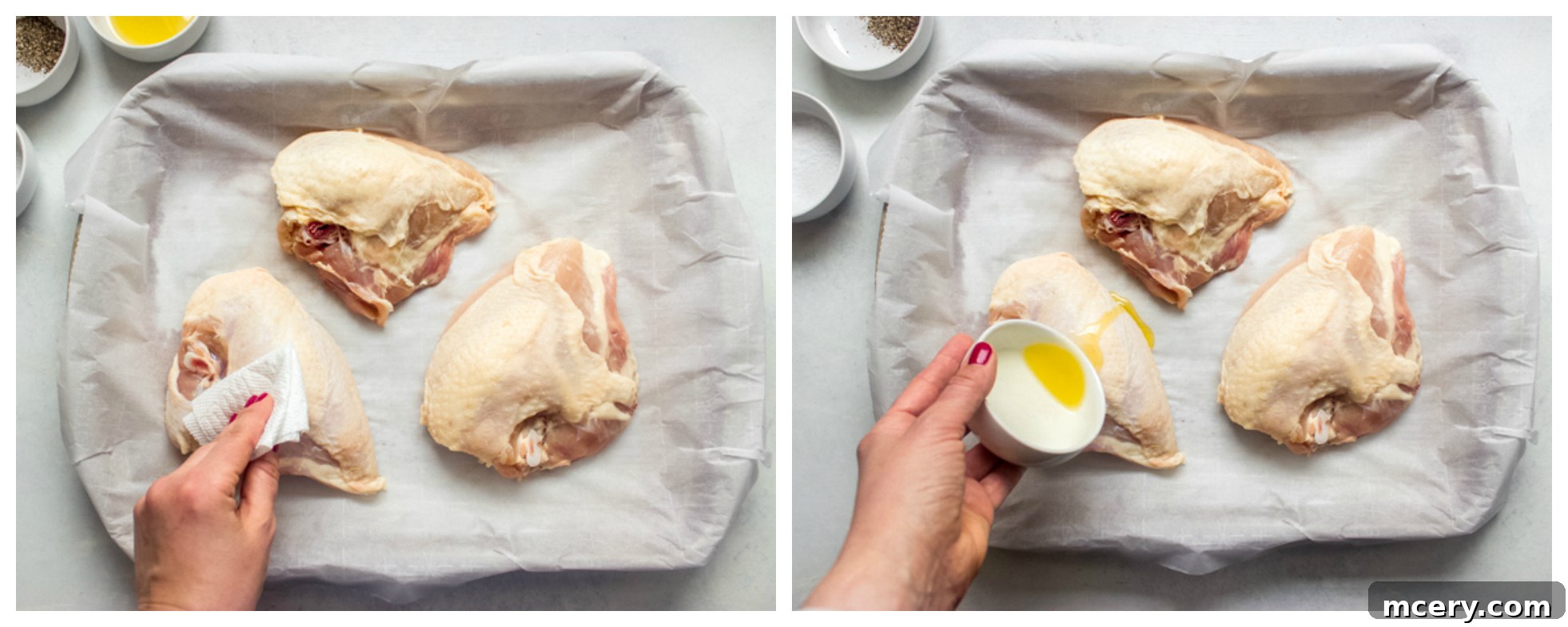 Succulent Oven Roasted Bone-In Chicken Breast 5 Raw bone-in chicken breasts neatly arranged on a parchment-lined sheet pan.