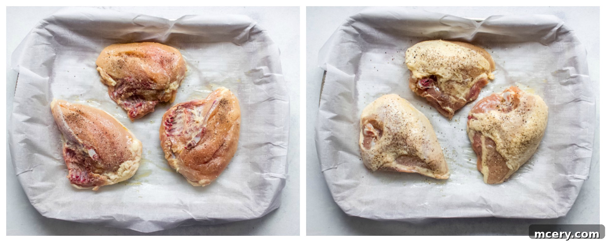 Succulent Oven Roasted Bone-In Chicken Breast 6 Seasoned bone-in chicken breasts glistening with olive oil and spices on a sheet pan.
