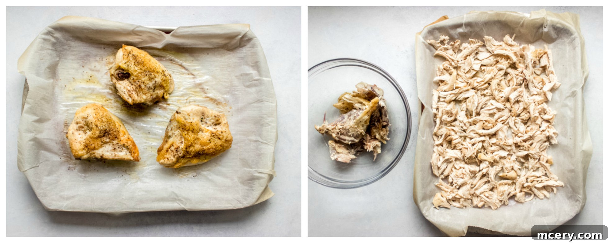 Succulent Oven Roasted Bone-In Chicken Breast 7 Shredded roasted chicken breast on a sheet pan, ready for various uses.
