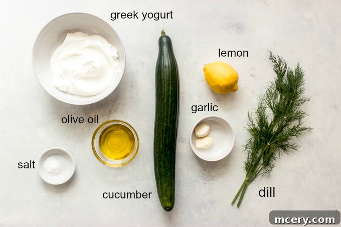 Ingredients for Tzatziki Sauce laid out on a table