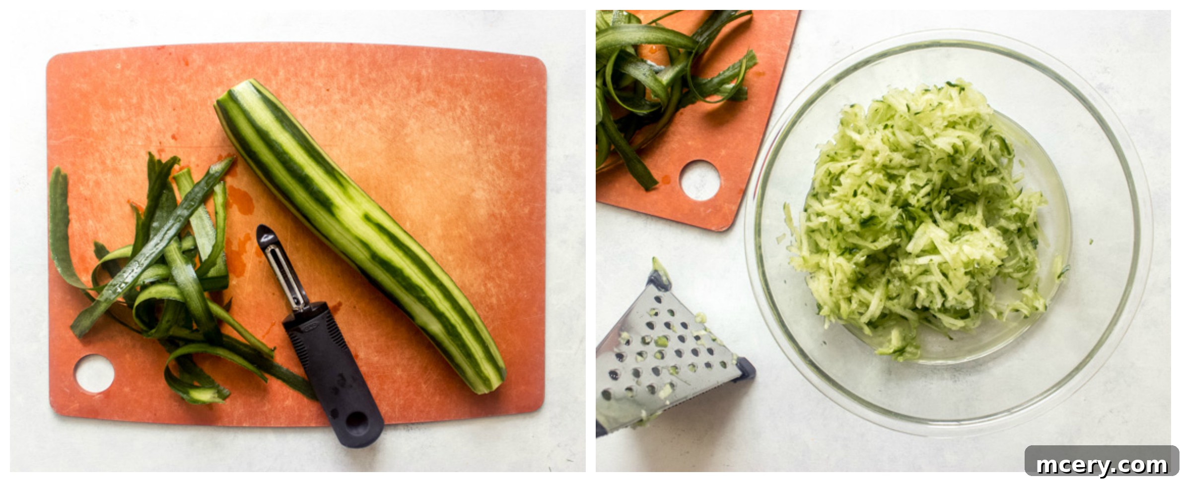 Grated cucumber in a bowl, ready for draining