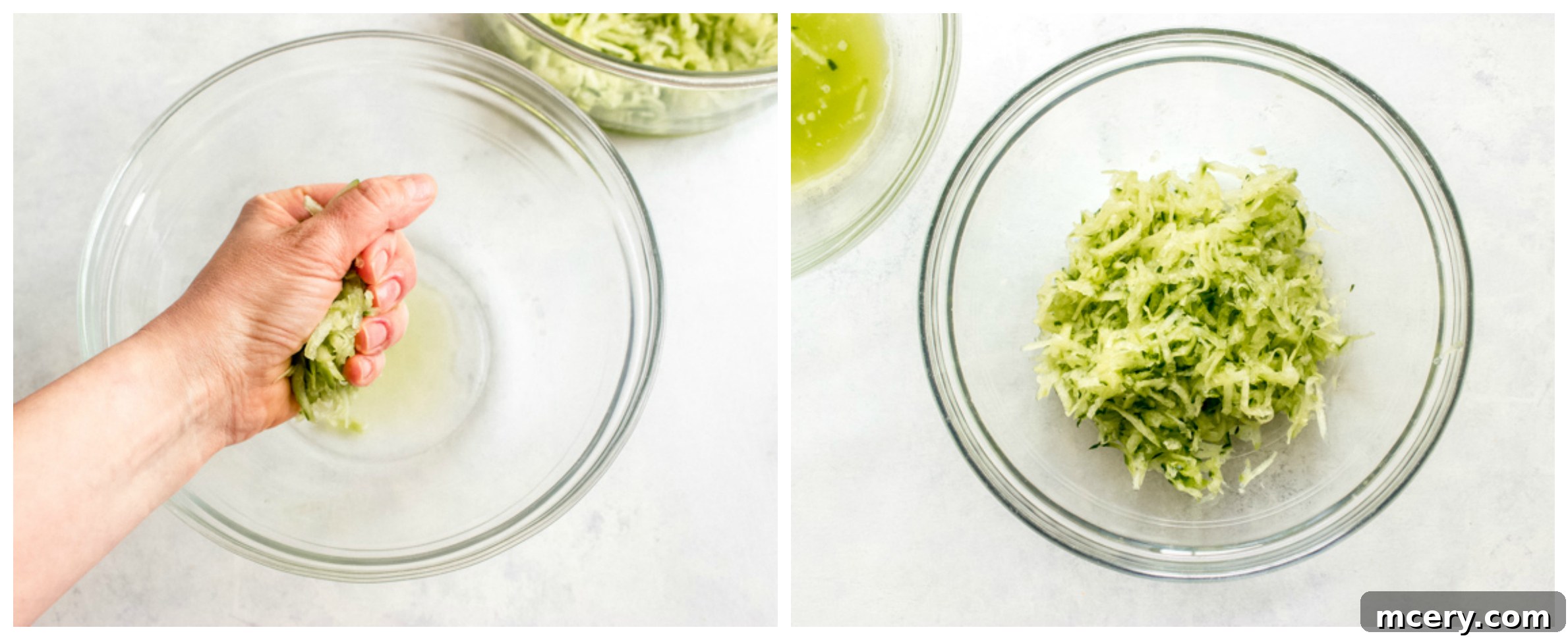 Hand squeezing grated cucumber over a bowl
