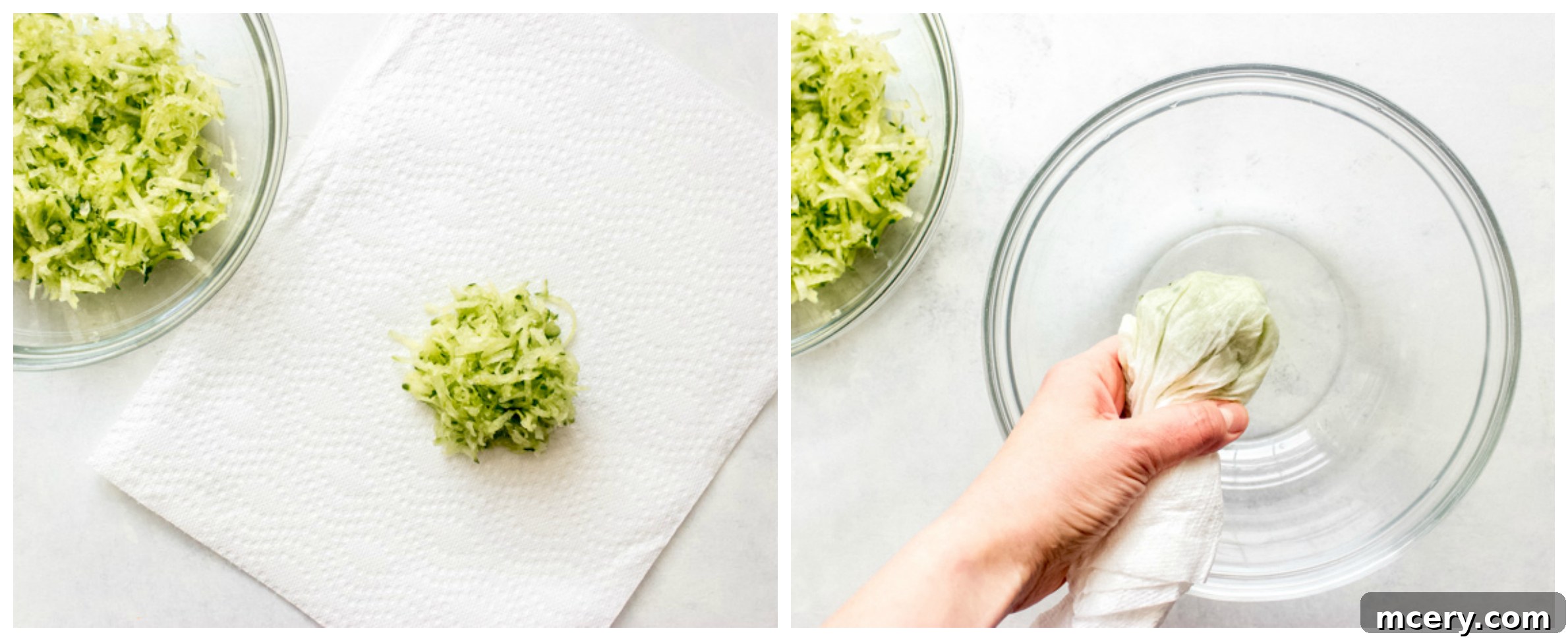 Shredded cucumber being squeezed in a kitchen towel