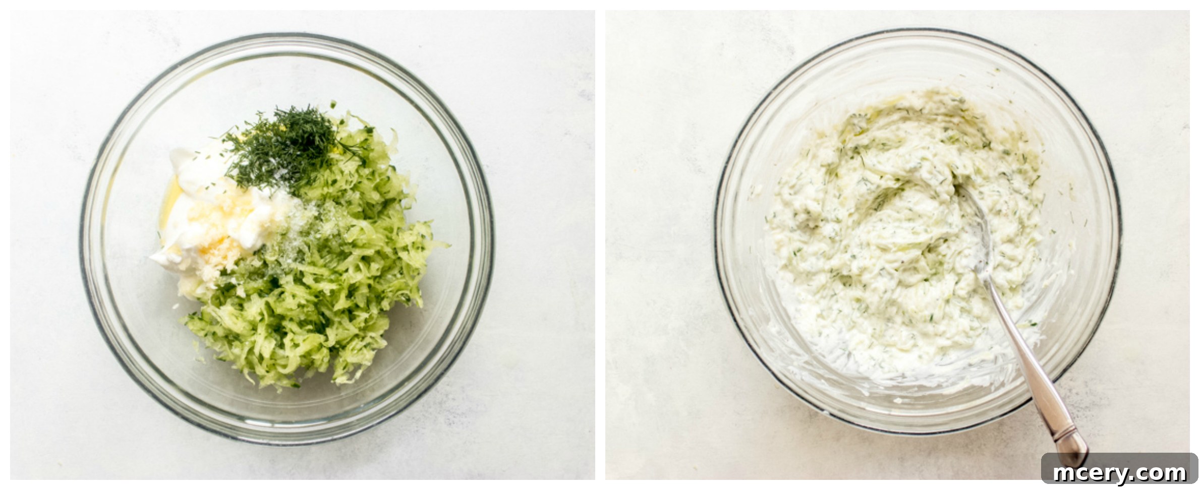 Mixing cucumber, yogurt, and other ingredients for tzatziki