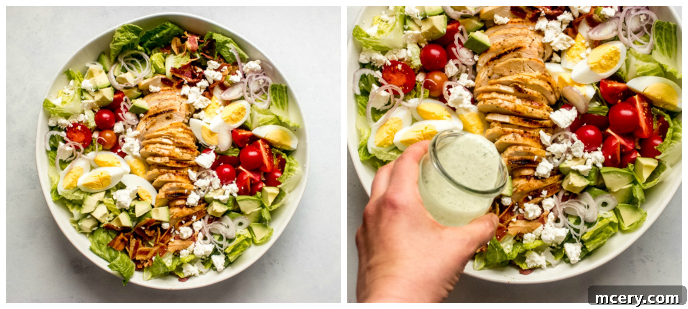 cobb salad with chicken in white bowl with dressing