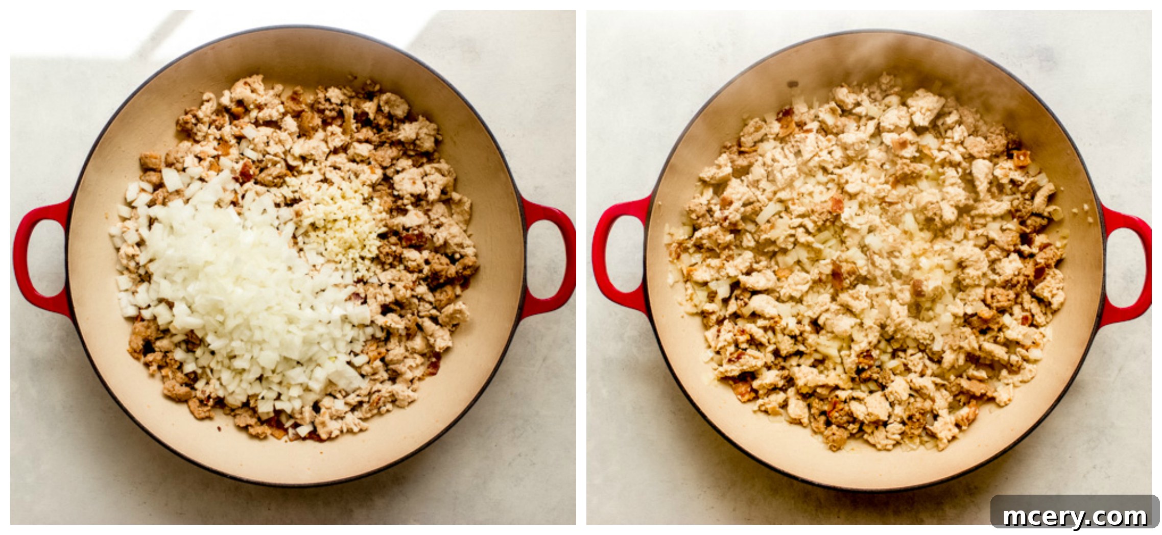 Easy Sausage Ragu 5 ground meat and onions in saute pan