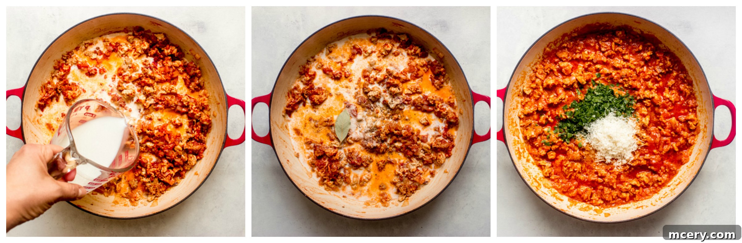 Easy Sausage Ragu 7 cooked bolognese sauce in saute pan