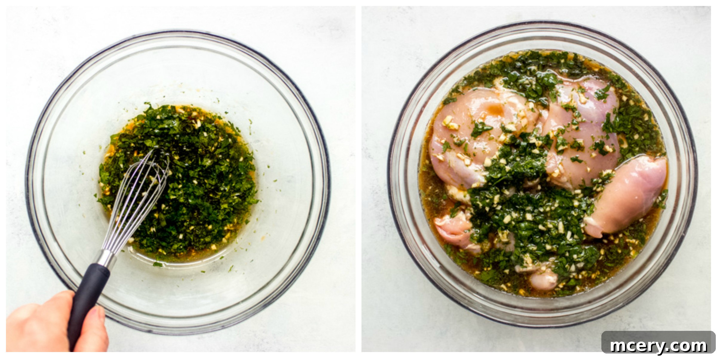 Grilled Chicken Spring Roll Salad Bowl 5 Chicken marinating in a glass bowl with citrus, soy, and herbs.