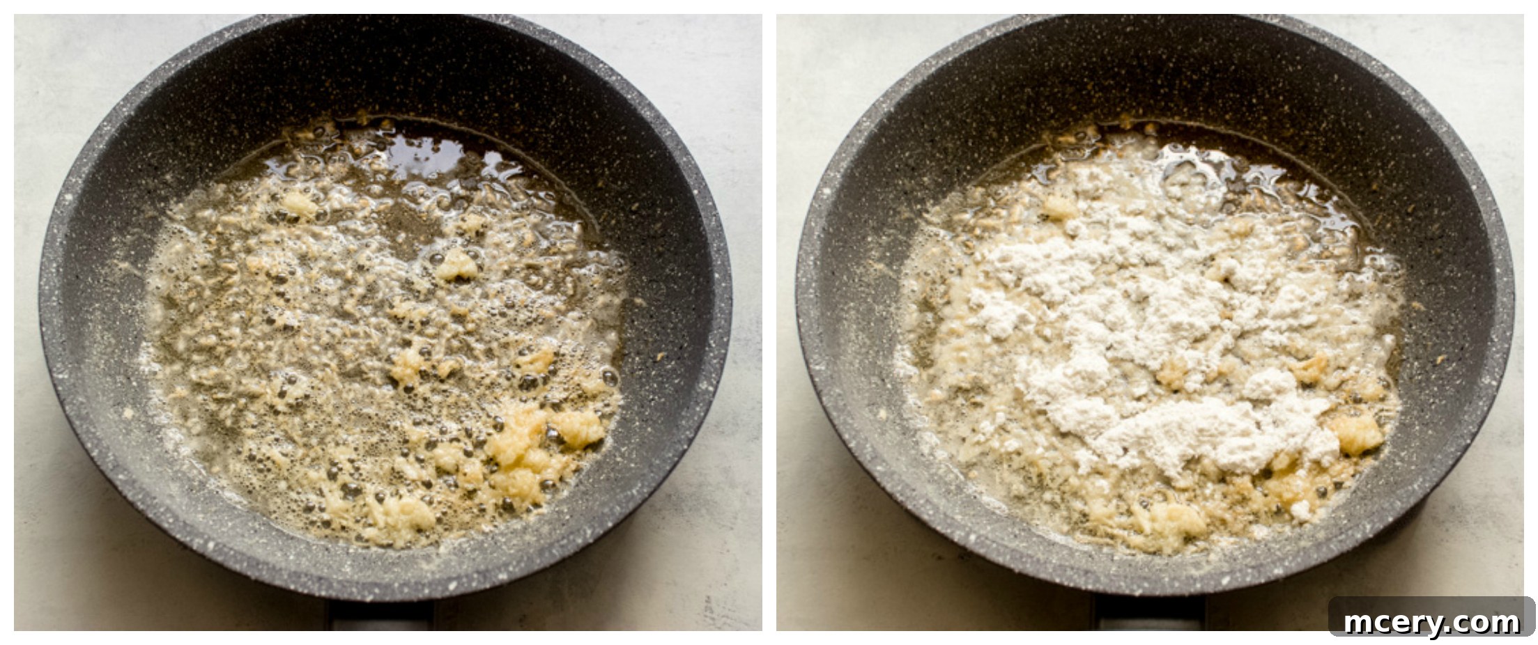 Close-up of butter and garlic cooking in a skillet, forming a roux for the creamy sauce.