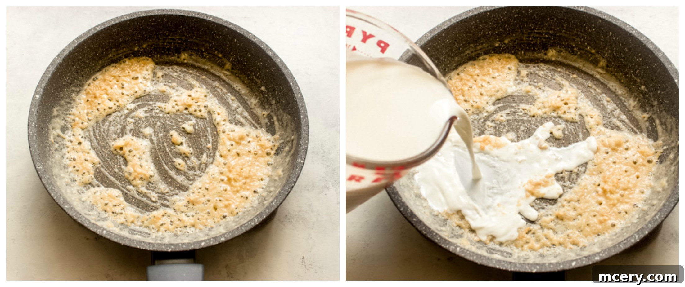 Half and half being whisked into the roux in a skillet, creating the creamy base.