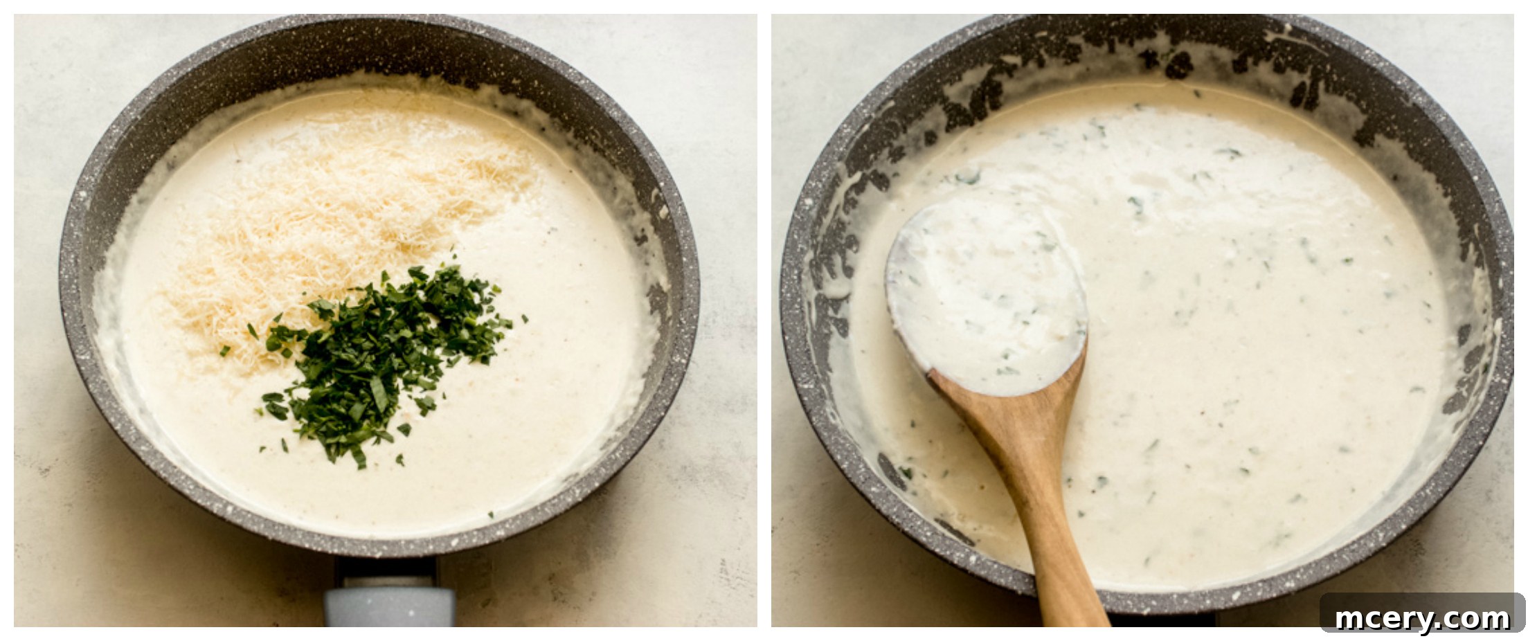 Finished garlic Parmesan cream sauce with parsley stirred in, still in the skillet.