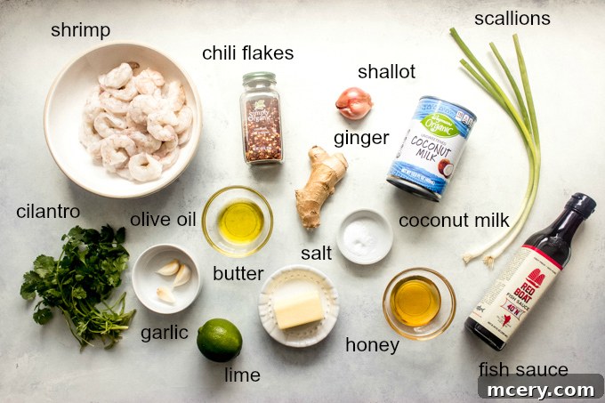 Velvety Coconut Shrimp Sensation 3 Selection of fresh ingredients for coconut milk shrimp, including shrimp, coconut milk, garlic, ginger, and lime