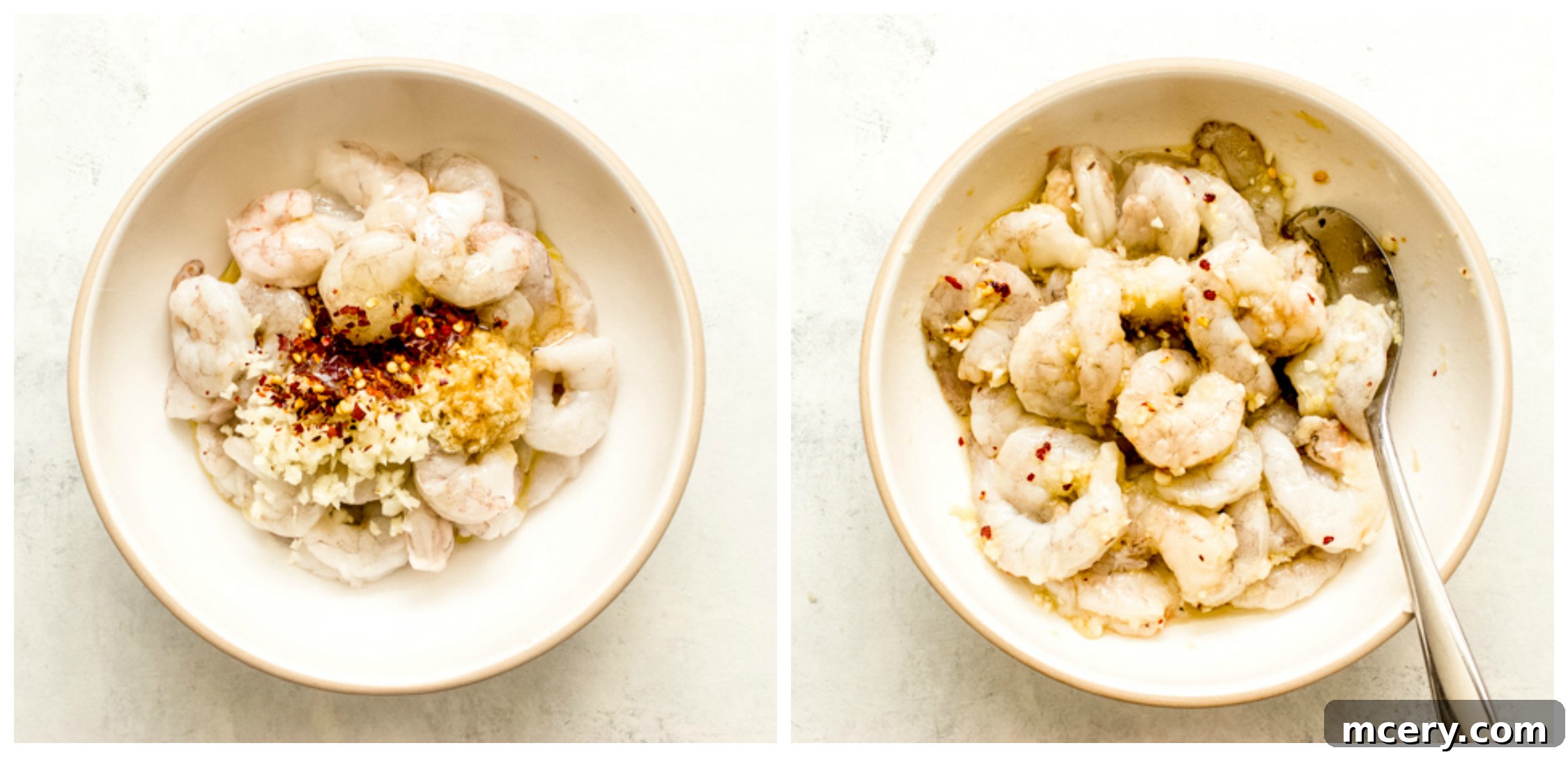 Velvety Coconut Shrimp Sensation 4 Raw shrimp marinating in a bowl with spices and oil