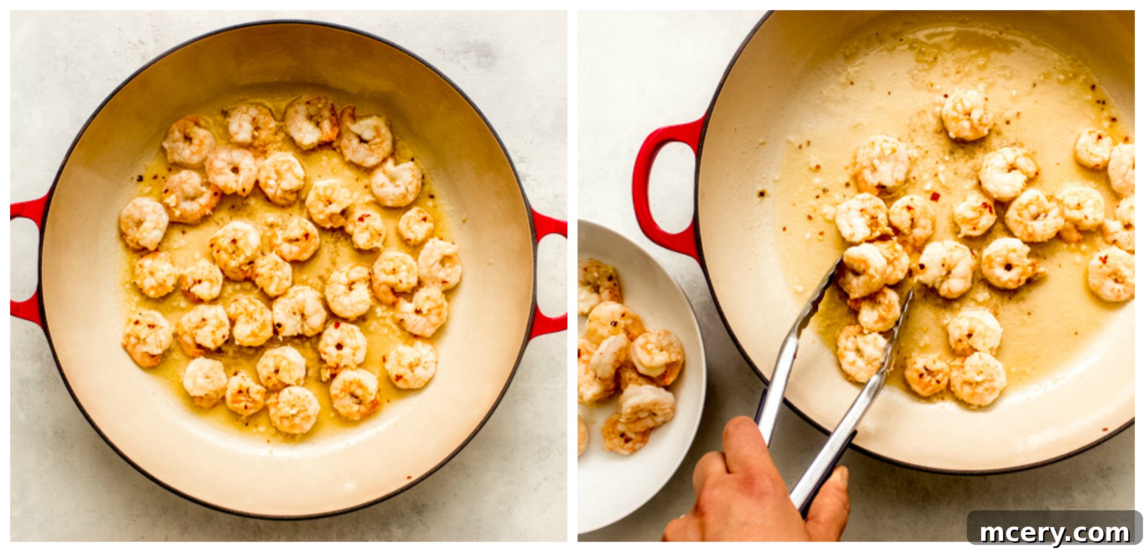 Velvety Coconut Shrimp Sensation 5 Perfectly seared pink shrimp in a hot pan