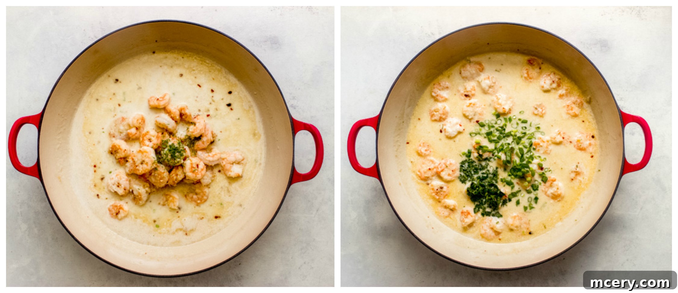 Velvety Coconut Shrimp Sensation 7 Finished coconut milk shrimp dish with fresh herbs being stirred in a pan