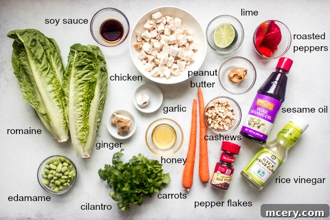 Thai Peanut Chicken Salad 4 A collection of fresh ingredients laid out for making the Panera Thai Chicken Salad, including various vegetables, herbs, and dressing components.