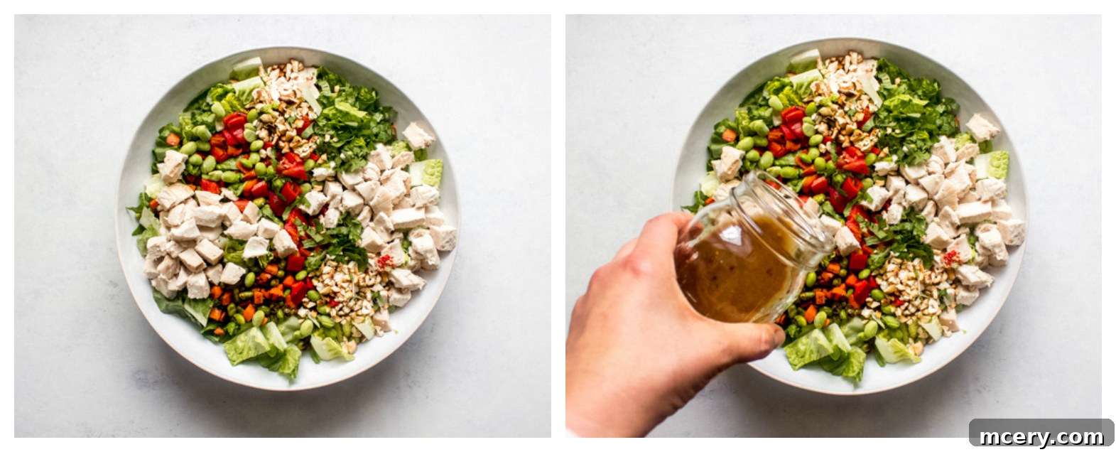 Thai Peanut Chicken Salad 8 A large white bowl filled with a beautifully chopped spicy Thai salad with chicken, vibrant vegetables, and rich dressing, ready to be served.