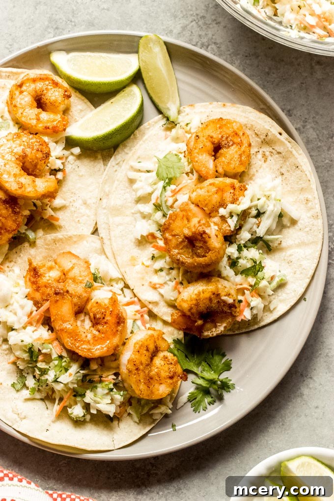Fiery Shrimp Taco Fiesta 2 Delicious overhead view of easy spicy shrimp tacos, perfect for a quick weeknight meal.
