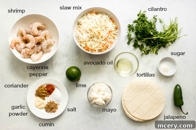 Fiery Shrimp Taco Fiesta 4 Collection of fresh ingredients for spicy shrimp tacos, including shrimp, spices, and slaw components.