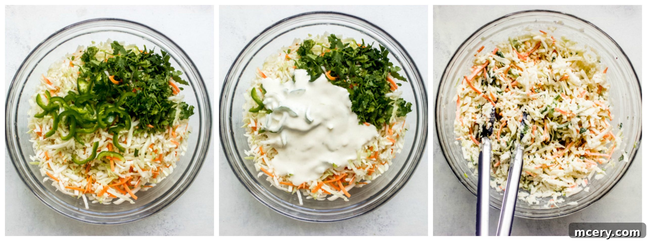 Fiery Shrimp Taco Fiesta 7 Fresh slaw with dressing in a bowl, ready to be refrigerated.