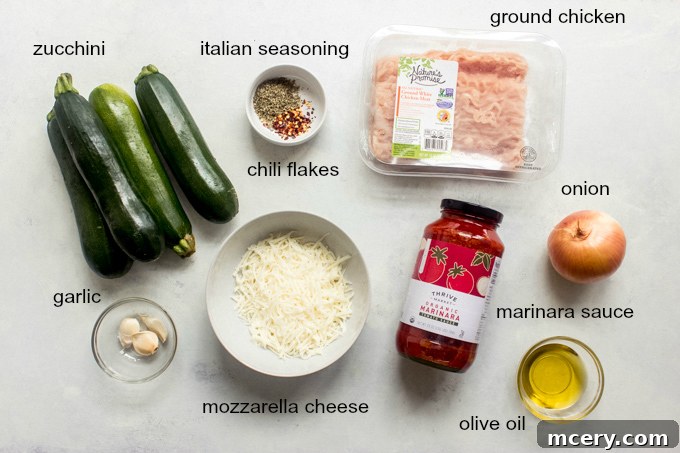 Delectable Chicken Zucchini Boats 3 Collection of fresh ingredients for making chicken stuffed zucchini boats