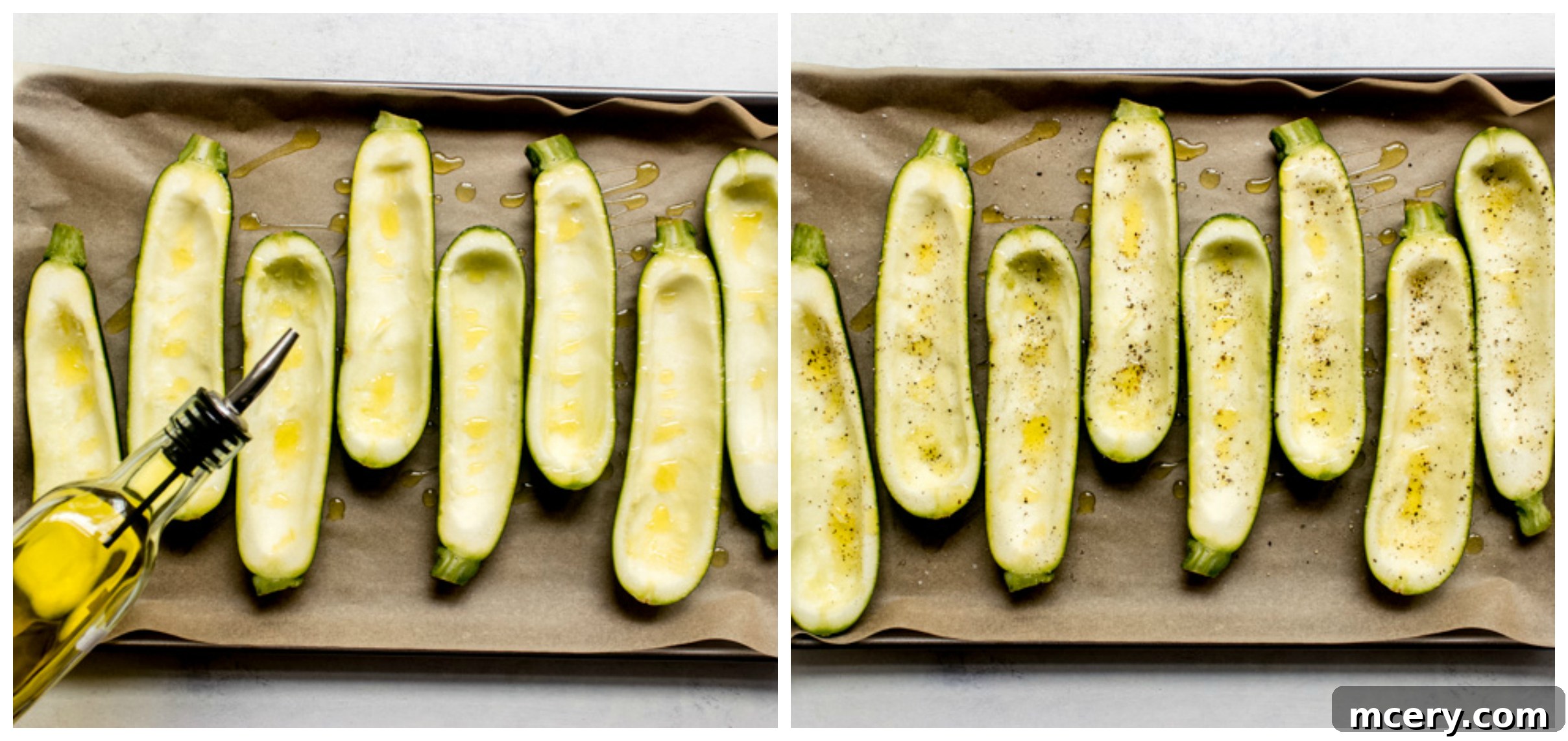 Delectable Chicken Zucchini Boats 5 Seasoned zucchini boats on a baking sheet, ready for baking
