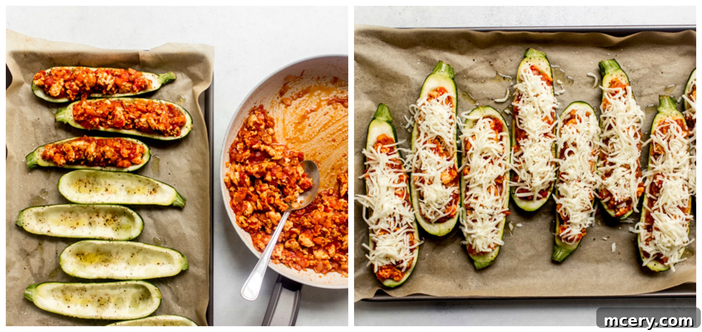 Delectable Chicken Zucchini Boats 8 Zucchini boats generously stuffed with chicken filling and topped with mozzarella cheese on a sheet pan