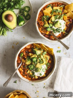 A delicious bowl of 3 bean turkey chili, perfect for big crowds and game day gatherings.